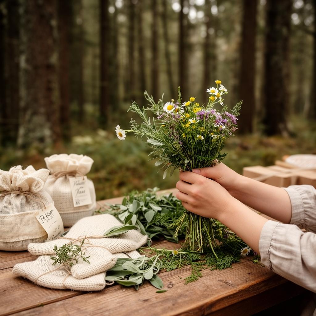 Hands gathering wildflowers and herbs in the forest