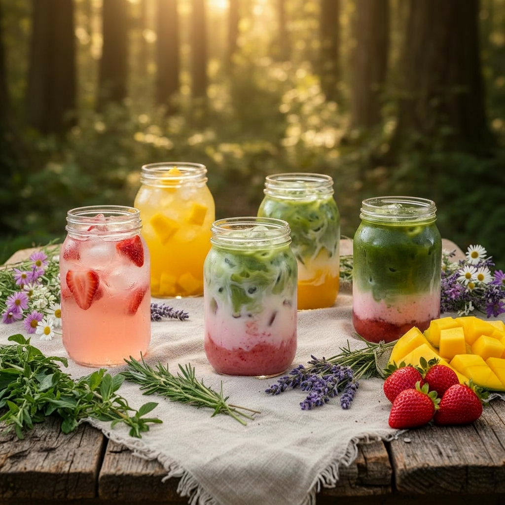 Handcrafted lemonades and lattes in mason jars with real fruit garnishes