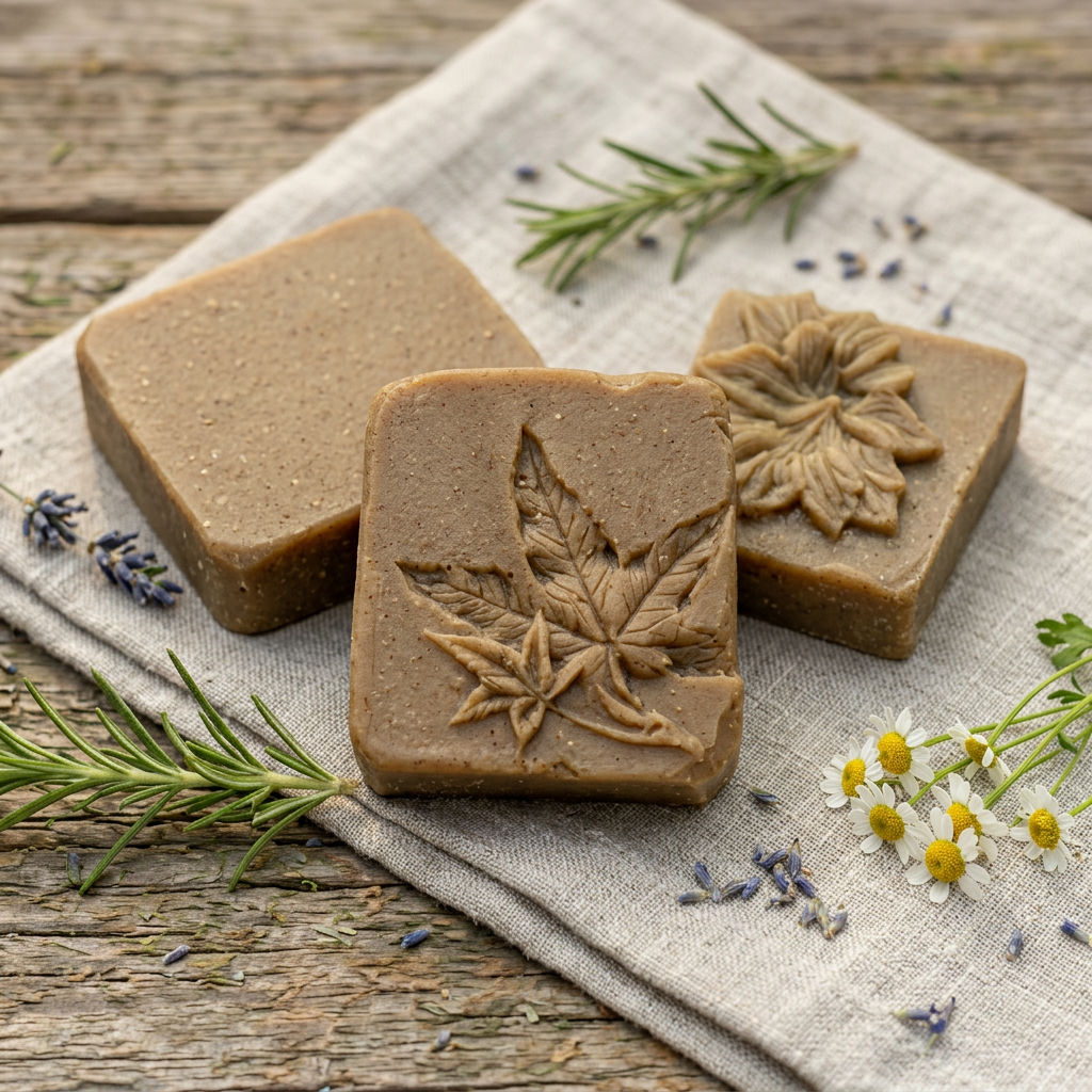 Handmade Wild Root botanical shampoo bars in natural tan herbal color with floral embossing, beside a 16 oz amber jar conditioner