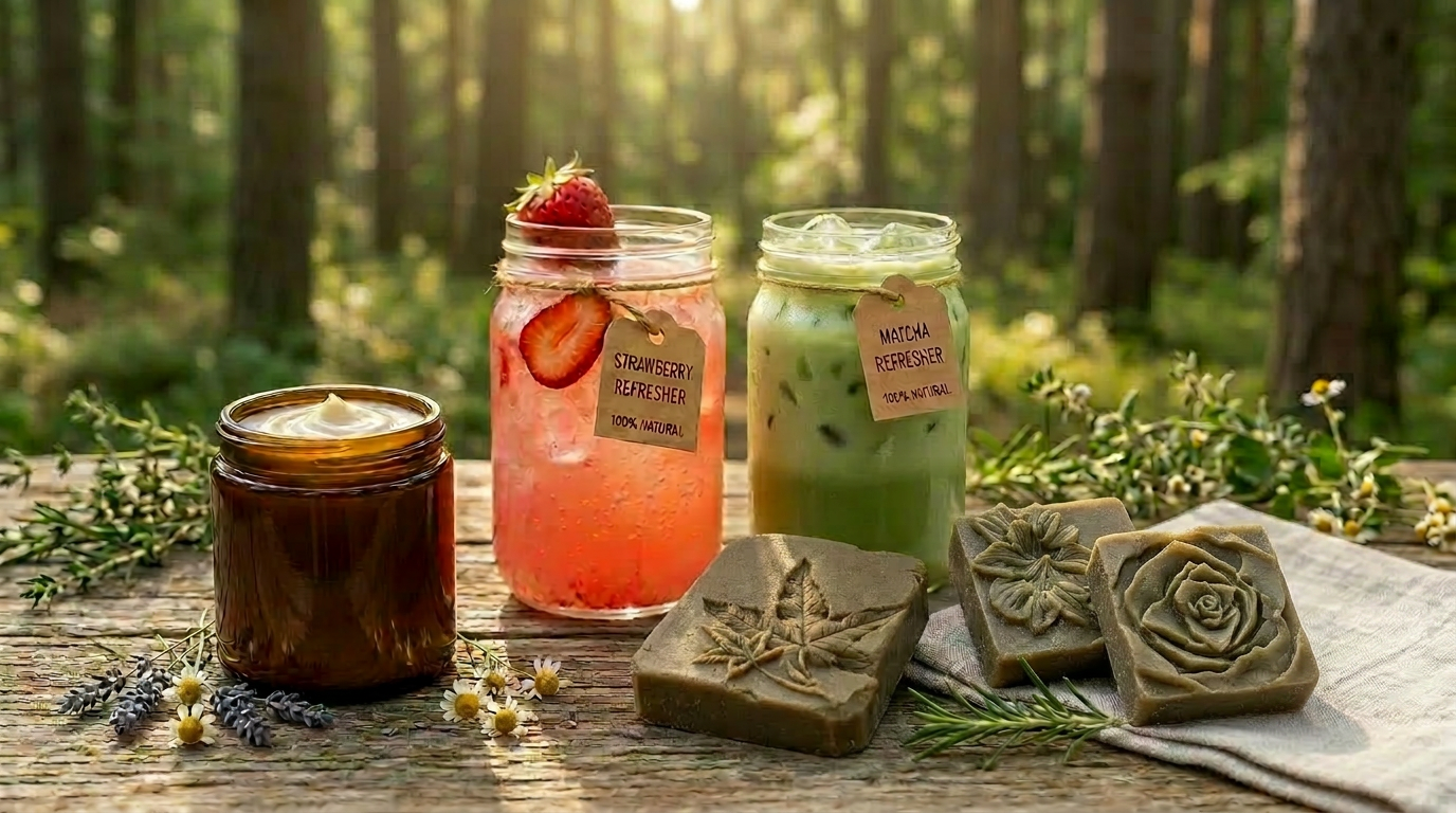 Handcrafted lemonades and lattes and natural products in a sunlit wildflower meadow